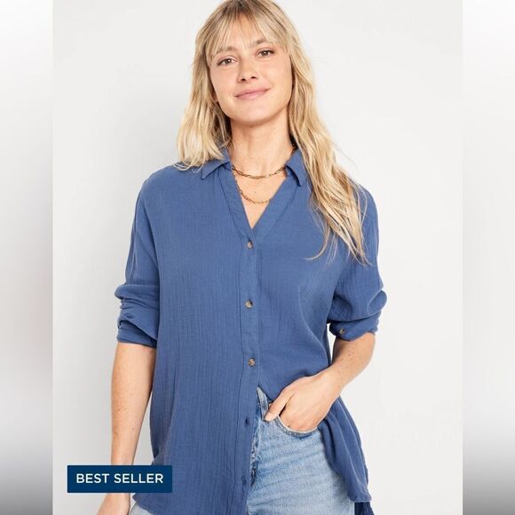 Crinkle Gauze Button Down Shirt - Picture 2 of 11